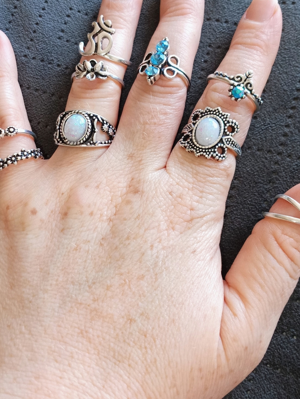 Silver,Opal & Blue Crystal Ring Fashion Jewelry Set Of 9 - Women Jewelry